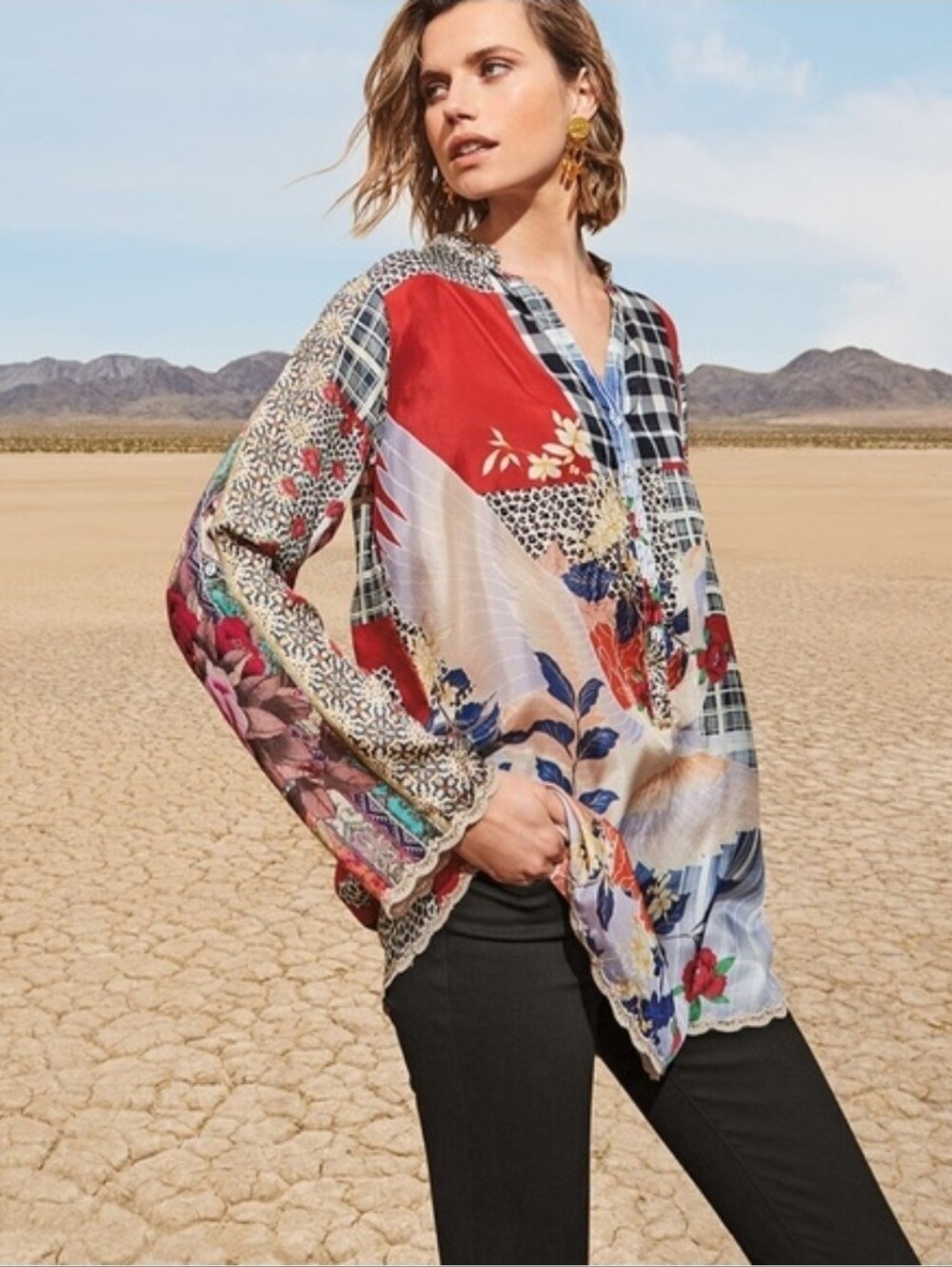 JOHNNY WAS Ample Mixed Media Print Silk Boho Patchwork Tunic Blouse